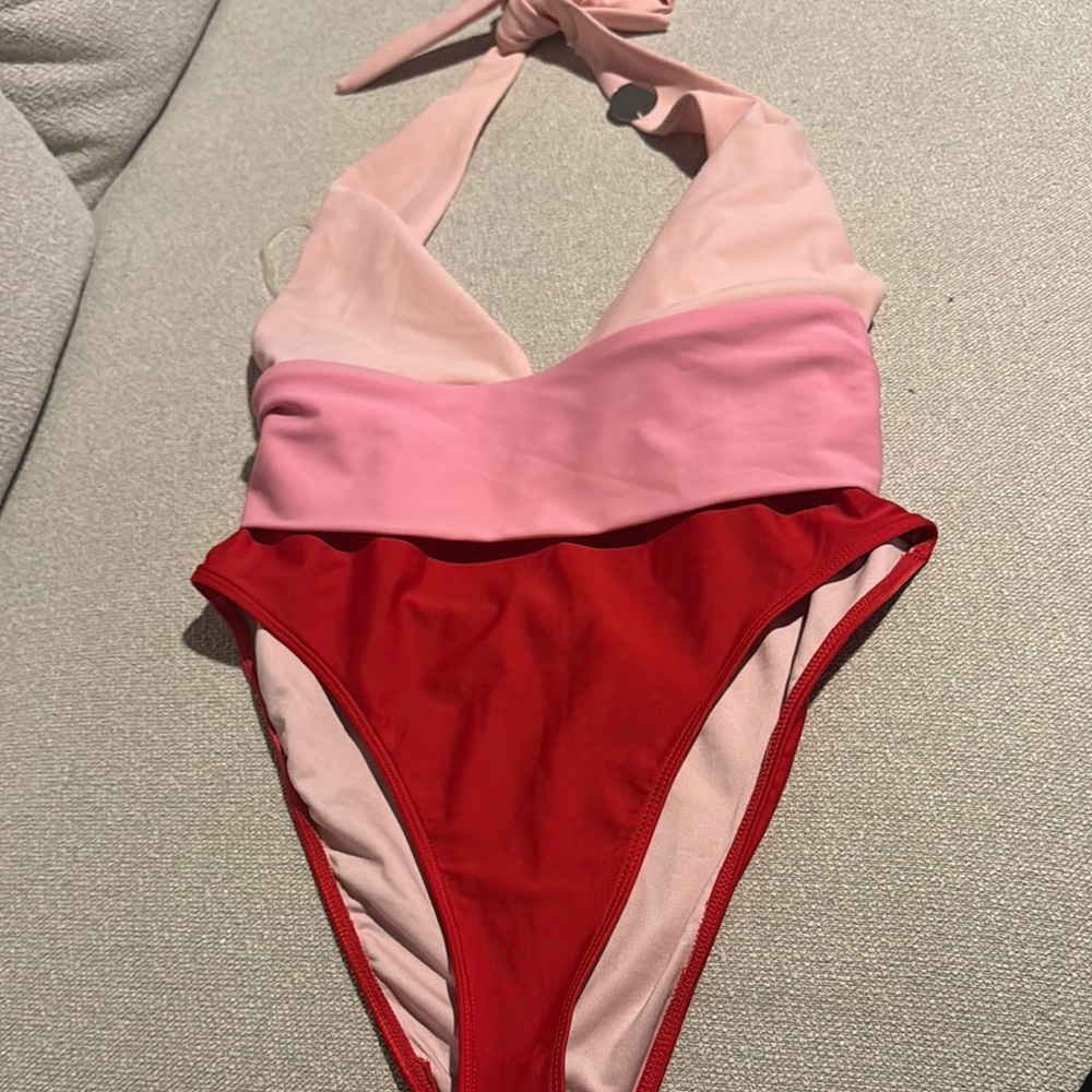 Forever 21 Pink and Red One Piece Halter Swimsuit